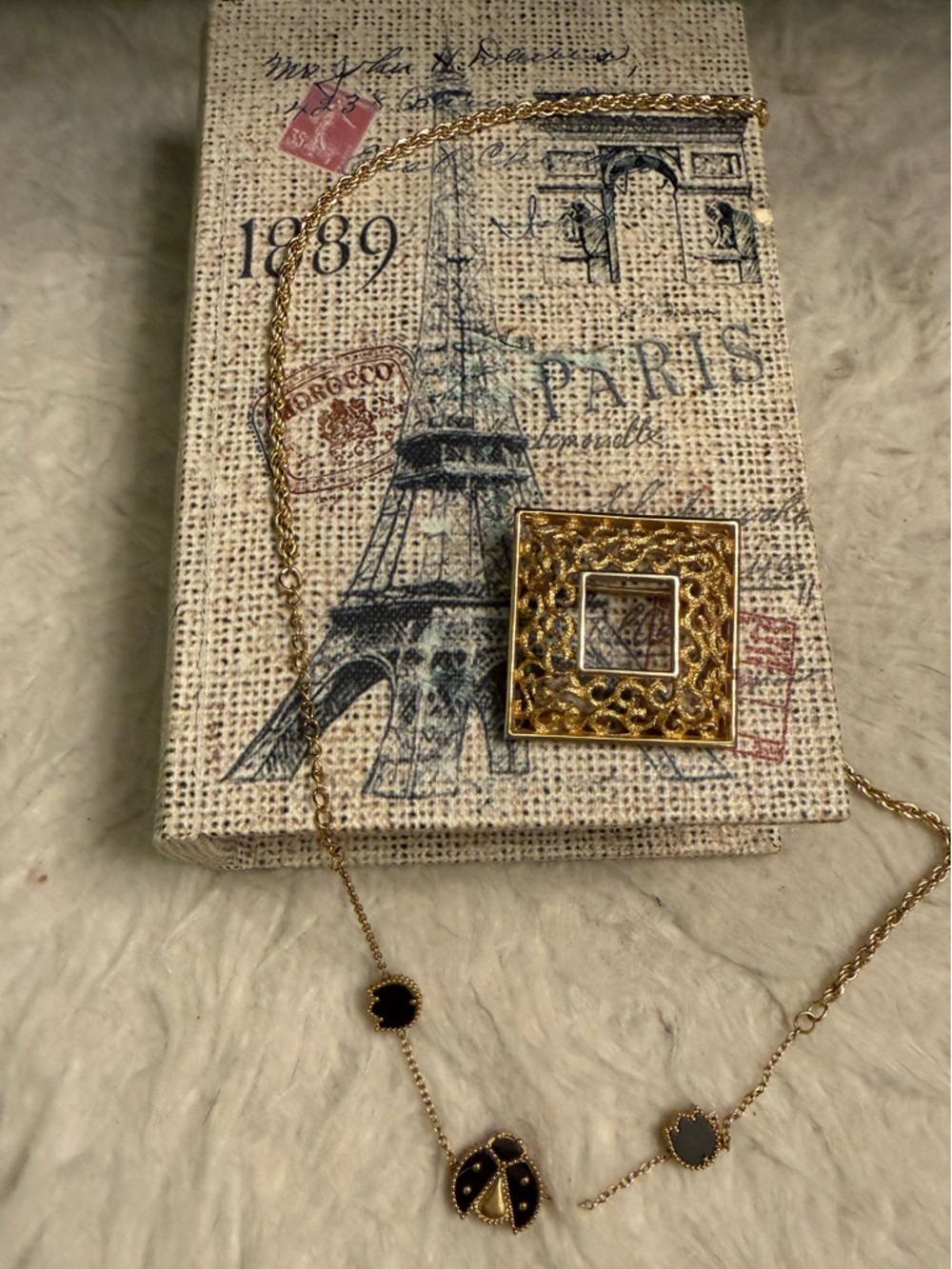 2 Piece Gold Filigree Square Frame Brooch and Necklace with Ladybird and Tulips